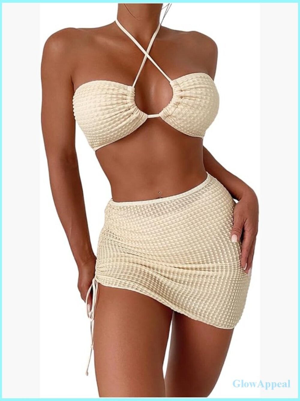 3-Piece Bikini Set Textured Crisscross Halter with Cover Up Skirt